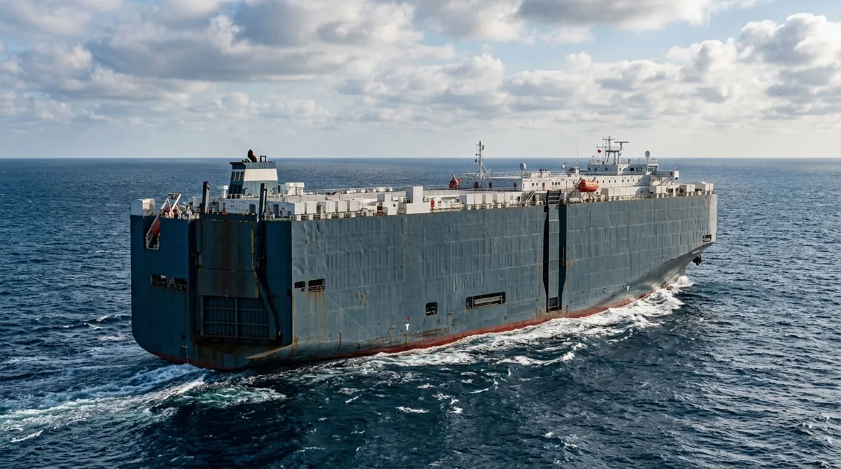 Maior que muitos edifícios quando colocado na vertical, este navio transporta milhares de veículos em vários conveses internos e precisa equilibrar continuamente a carga para não comprometer sua estabilidade durante a travessia