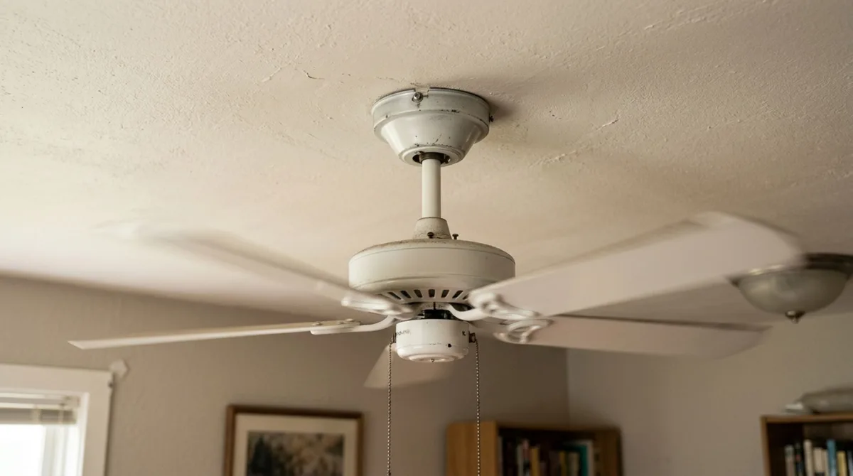 Morador passa semanas apertando os parafusos do ventilador de teto por causa de um ruído metálico e só descobre o verdadeiro problema quando uma arruela esquecida durante a instalação cai de dentro da canopla sobre a mesa