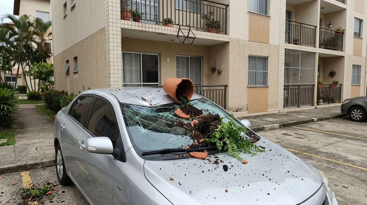 Morador instala vasos de plantas do lado de fora da varanda, um deles cai sobre um carro estacionado, e as câmeras mostram que o suporte já estava solto havia dias, mesmo assim, morador recebe processo e multa do condomínio