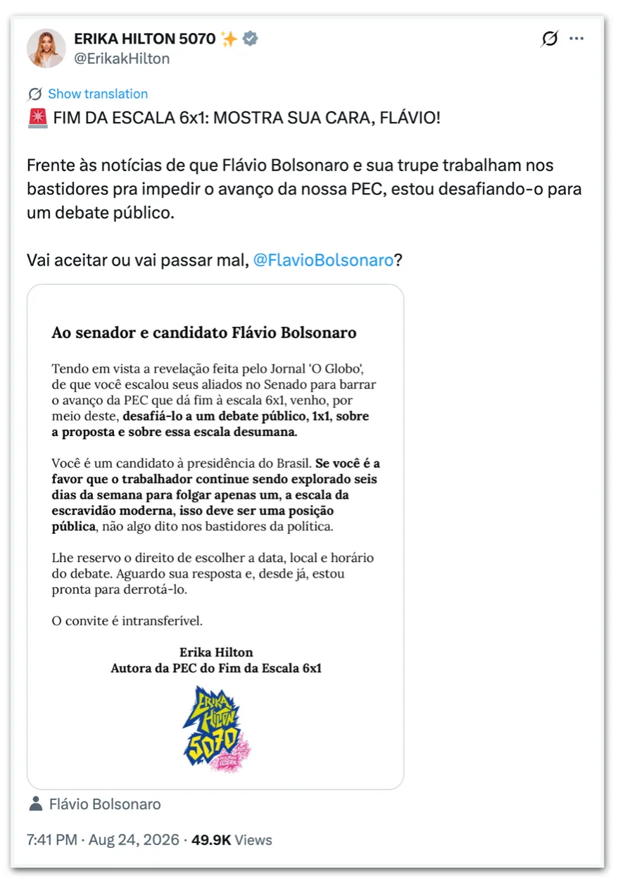 Erika Hilton “desafia” Flávio a debater fim da escala 6 X 1