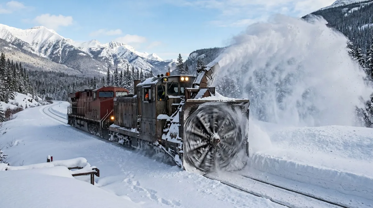 A máquina ferroviária monstro com uma roda de quase 4 metros usada para triturar paredões de neve nos trilhos