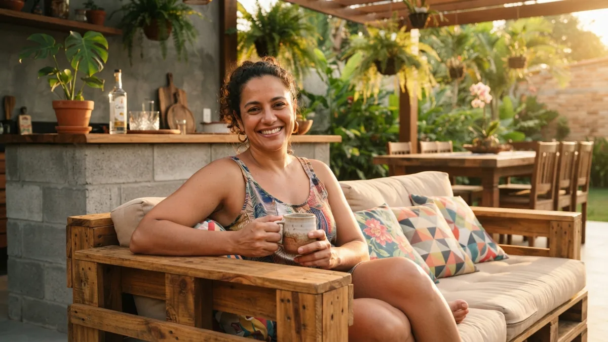Dona de casa transforma quintal de terra em área gourmet de revista gastando apenas R$ 3.500 com pallets e blocos de concreto estrutural
