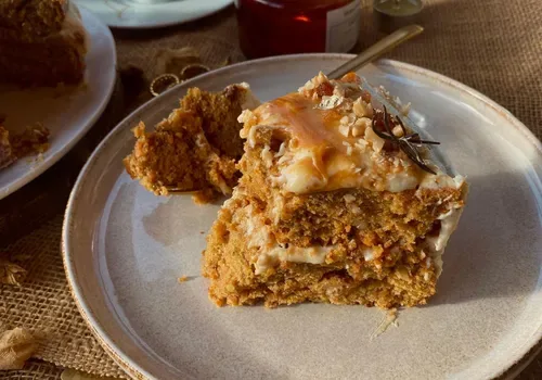Moist carrot caramel cake recipe with cinnamon cream cheese frosting