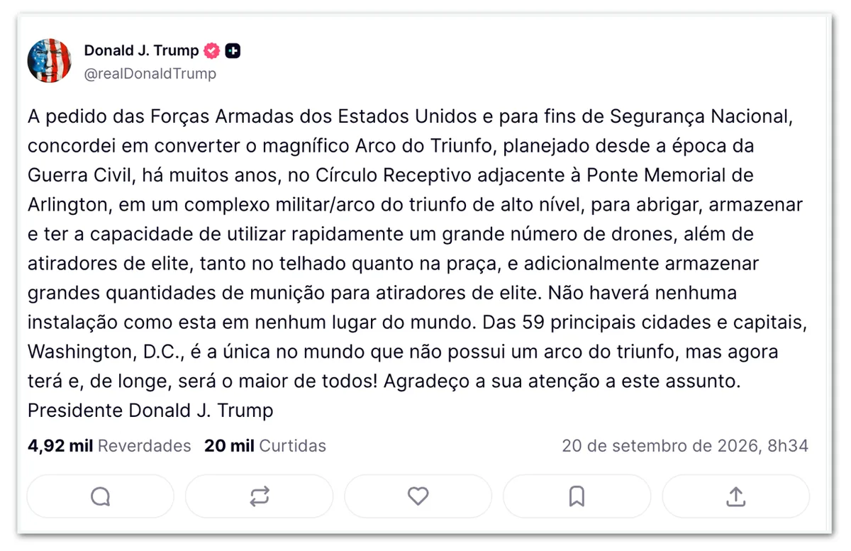 Trump quer transformar “Arco do Triunfo” de Washington em base militar