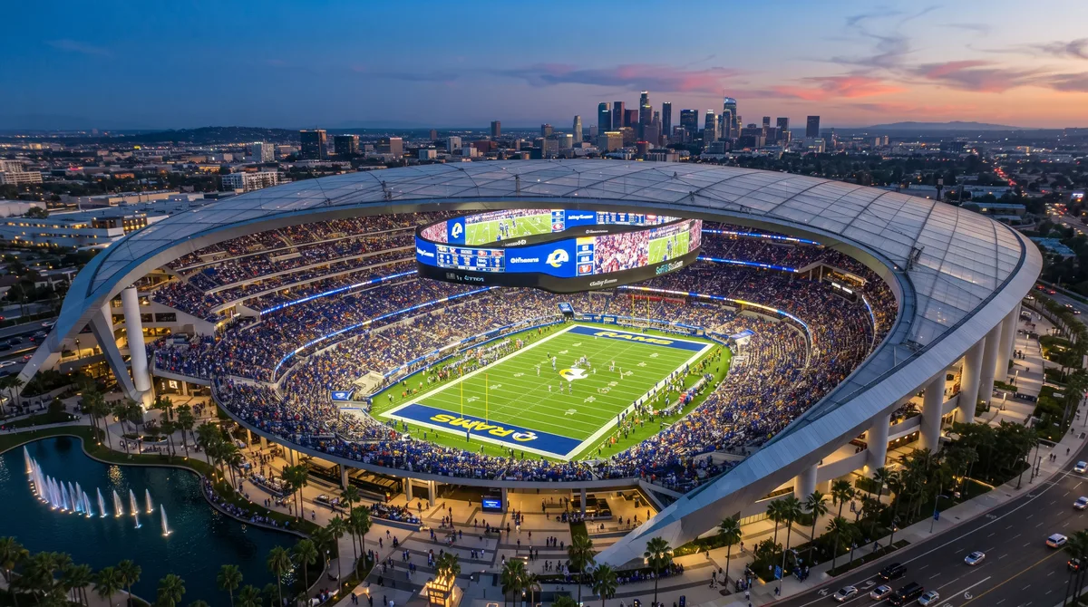 Com um custo astronômico de 5,5 bilhões de dólares e uma tela gigante de 360 graus suspensa sobre o campo, o estádio californiano de 70 mil lugares é o projeto esportivo mais caro já erguido na história