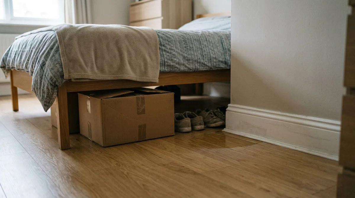Durante quase seis meses, casal culpa o colchão por acordar com o quarto cheirando a madeira úmida, até desmontar a cama e descobrir que uma caixa guardada diretamente no piso havia absorvido água de uma infiltração mínima junto ao rodapé
