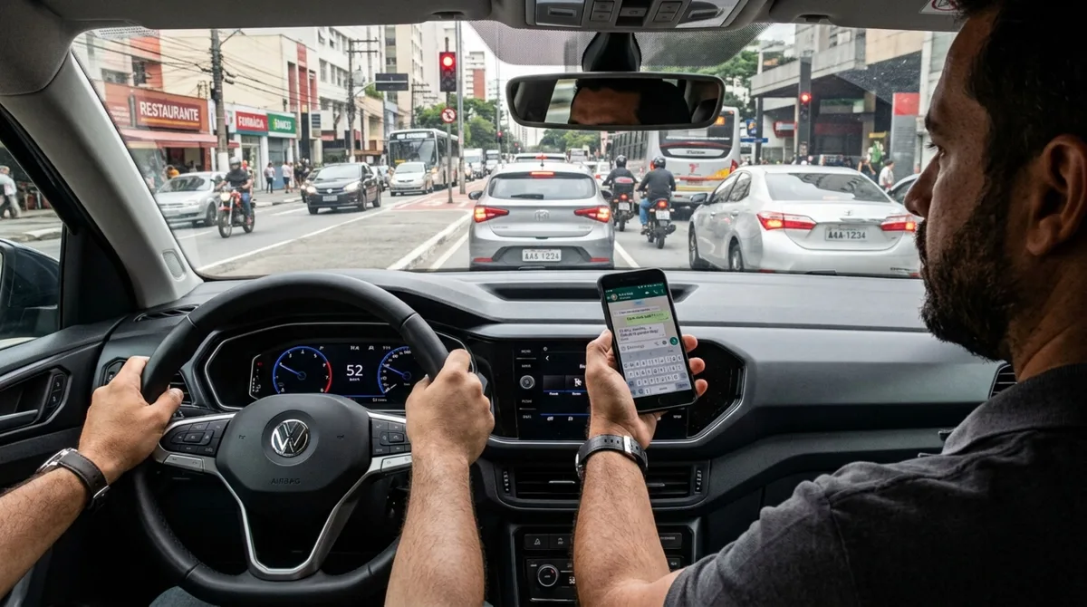Motorista é flagrado com celular na mão durante o trajeto, acredita que olhar a tela por poucos segundos não faria diferença, fiscalização explica quando o uso do telefone se transforma em infração gravíssima