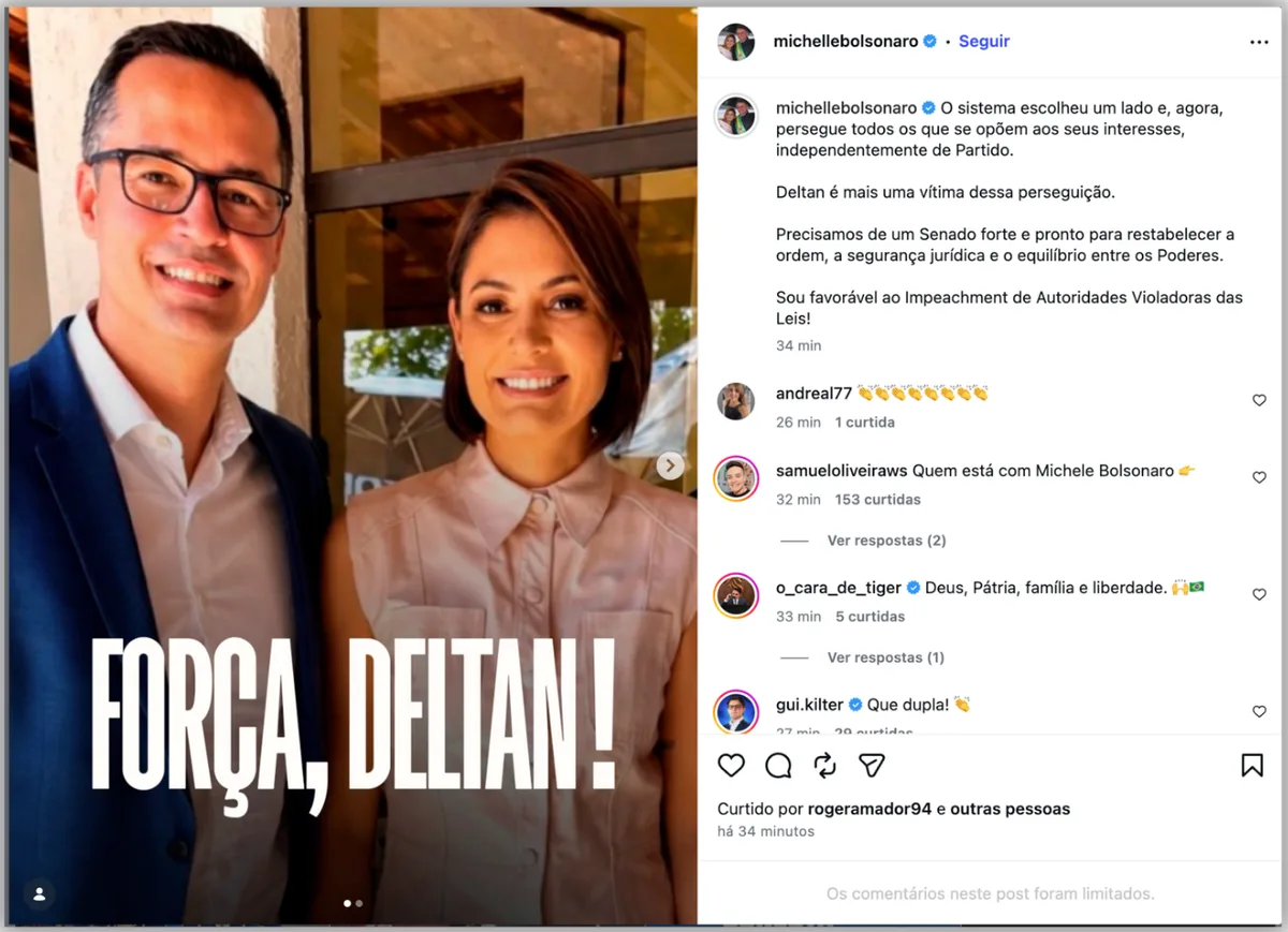 Michelle pede impeachment de ministro do TSE após decisão contra Deltan