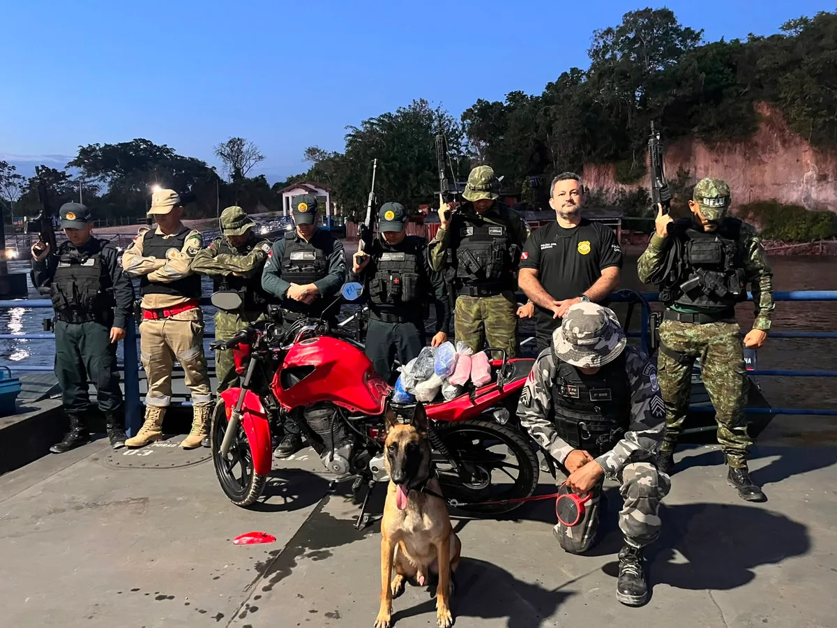 Cão farejador acha 5 kg de droga escondidos em tanque de moto dentro de barco no Pará