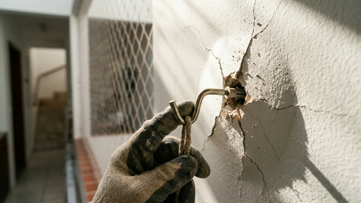 Família coloca uma rede de proteção no alto da escada por causa das crianças e só depois percebe que um dos pontos de fixação ficou preso em uma parede de drywall