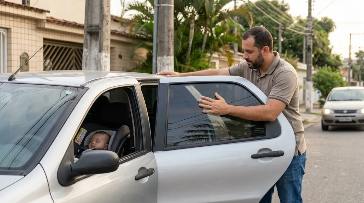 Pai instala uma película mais escura para proteger o bebê do sol, passa por fiscalização e descobre que o vidro ficou mais escuro que o permitido pela lei