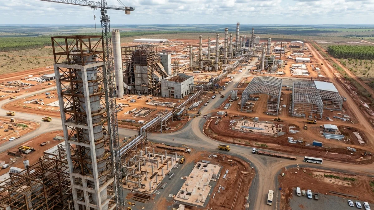 Megaobra de R$ 25 bilhões ocupa uma área de 3 km por 2 km no interior do Brasil e ergue a maior fábrica de celulose construída em etapa única do mundo, capaz de produzir 3,5 milhões de toneladas por ano