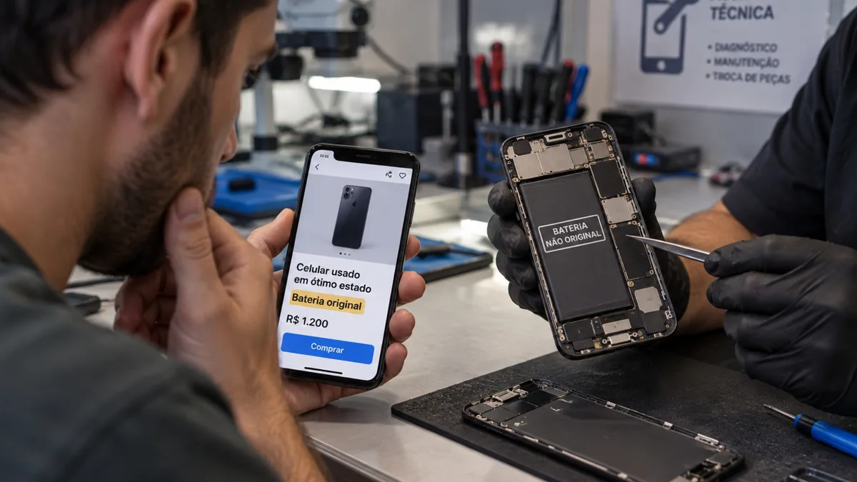 Homem compra celular usado anunciado com bateria original e descobre meses depois, durante manutenção, que aparelho tinha peças trocadas e sinais de reparo interno