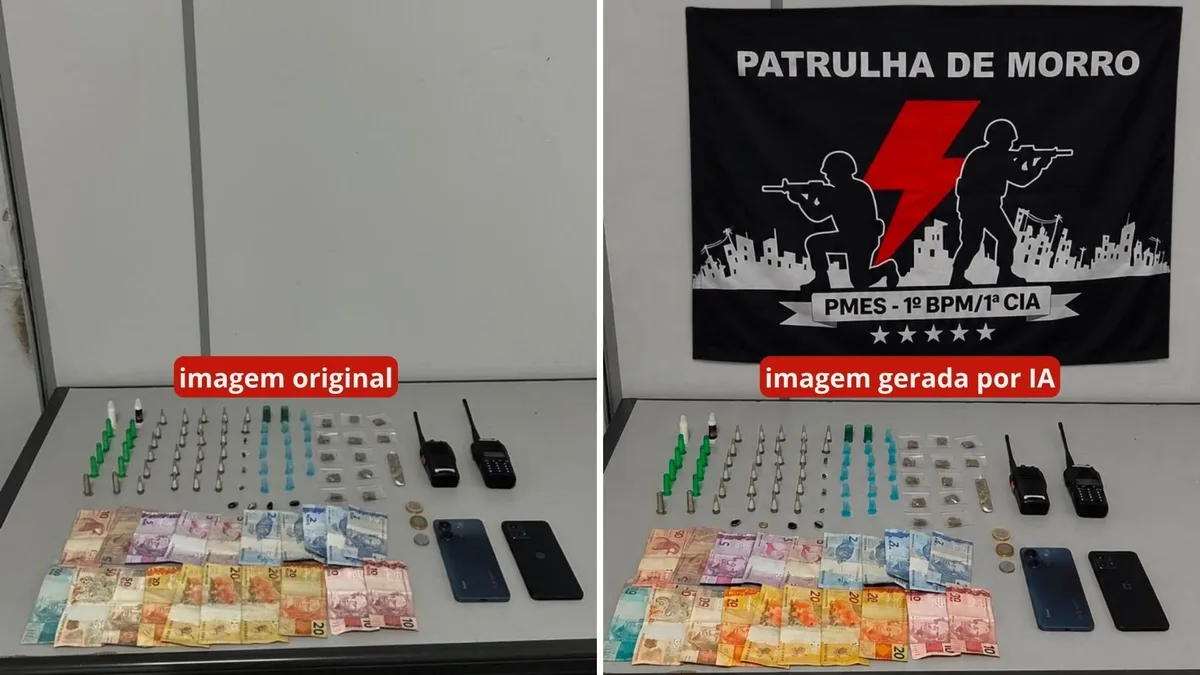 Polícia do ES aumenta quantidade de munição e altera modelo de celular apreendido em imagens geradas por IA; veja comparações