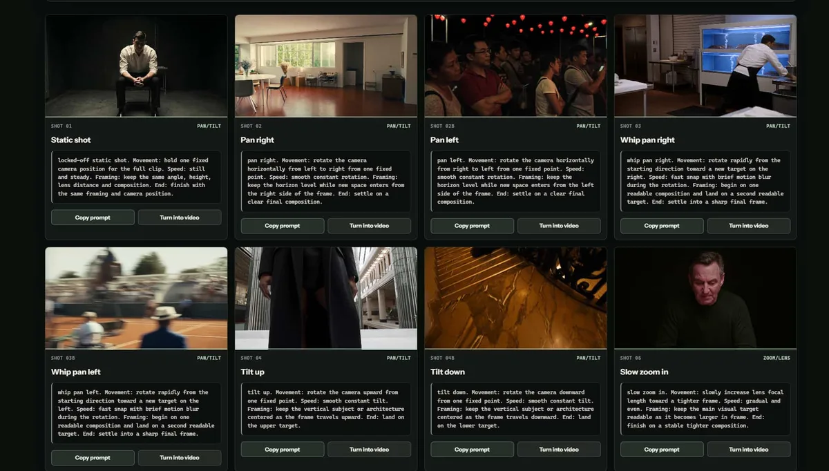Quem cria vídeos com IA deveria conhecer este site com 46 movimentos de câmera prontos
