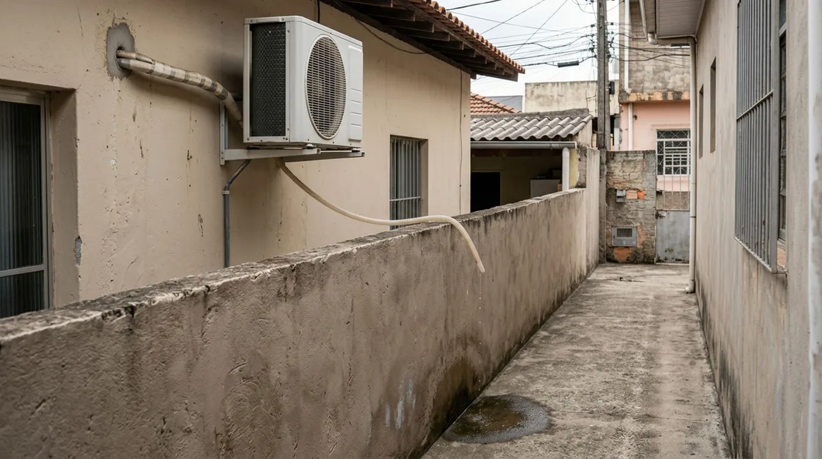 Morador instala ar-condicionado na parede da divisa e vizinha percebe que a água do dreno pinga durante horas sobre o corredor de sua casa