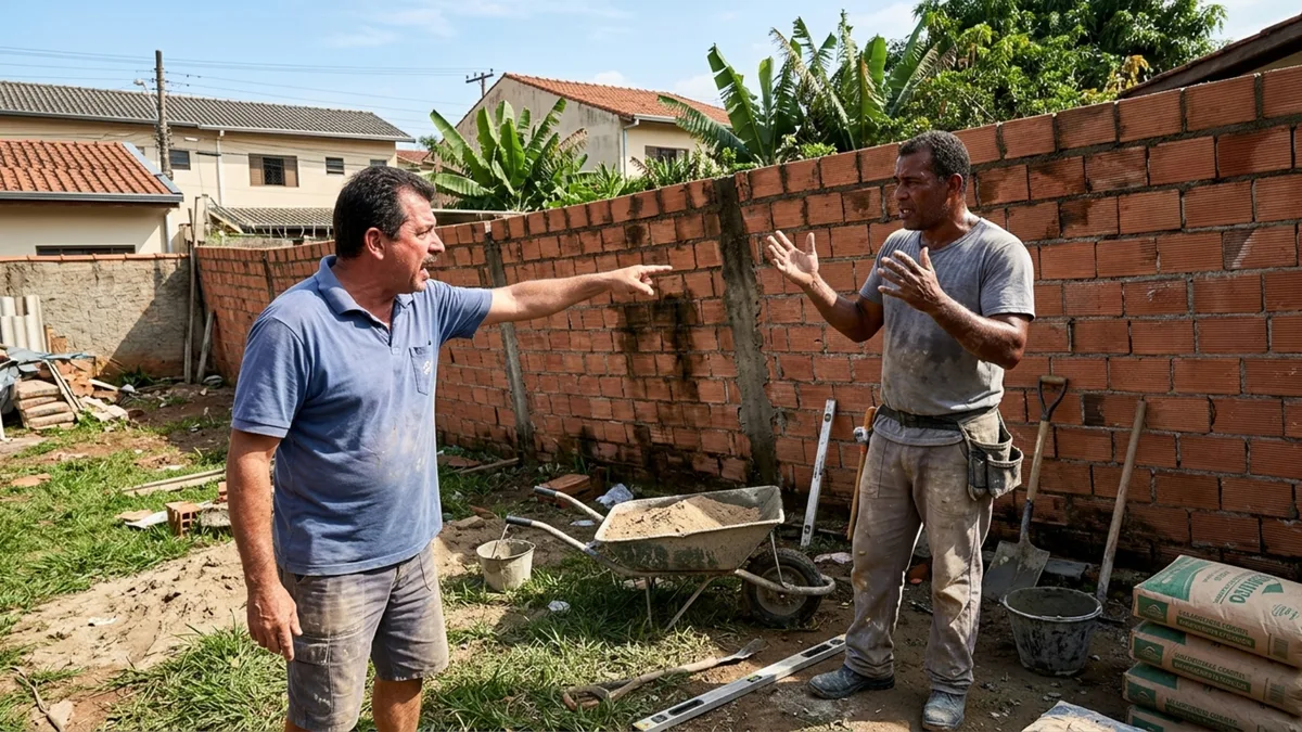 Pedreiro termina muro de 28 metros e proprietário percebe depois da primeira chuva que estrutura ficou inclinada para o lado do vizinho