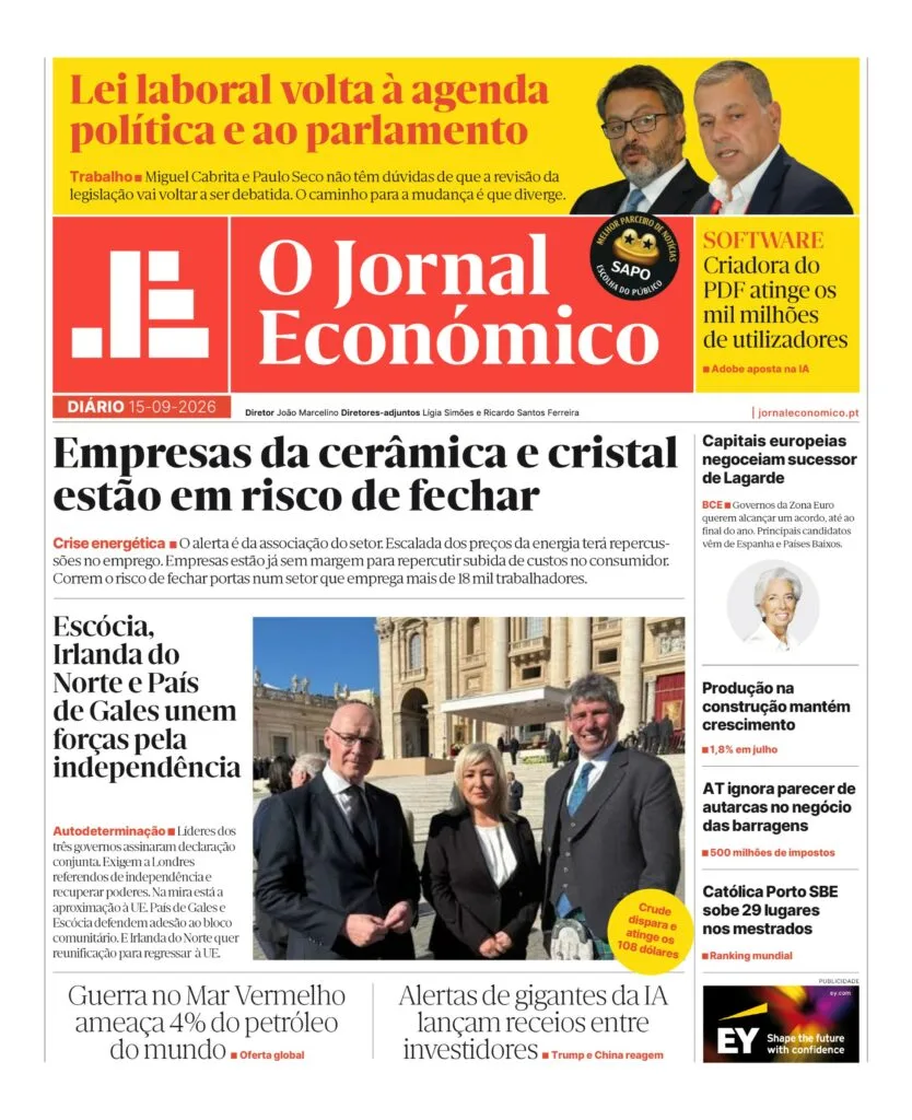 A primeira página do Jornal Económico de 15 de setembro