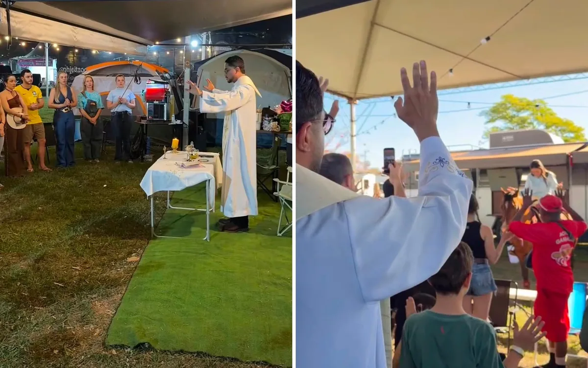 Padre celebra missa no camping de Barretos em meio a churrascadas e som no 'talo' das caminhonetes