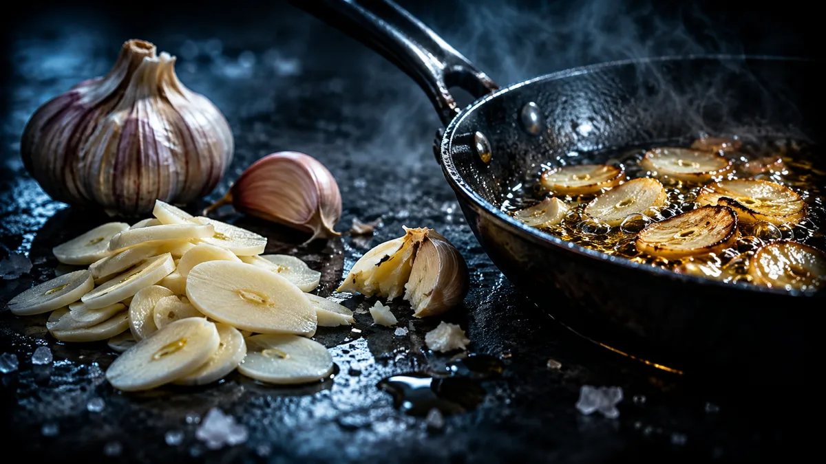 O alho amassado não entrega exatamente o mesmo sabor do alho cortado em lâminas e a diferença começa na quantidade de células rompidas durante o corte