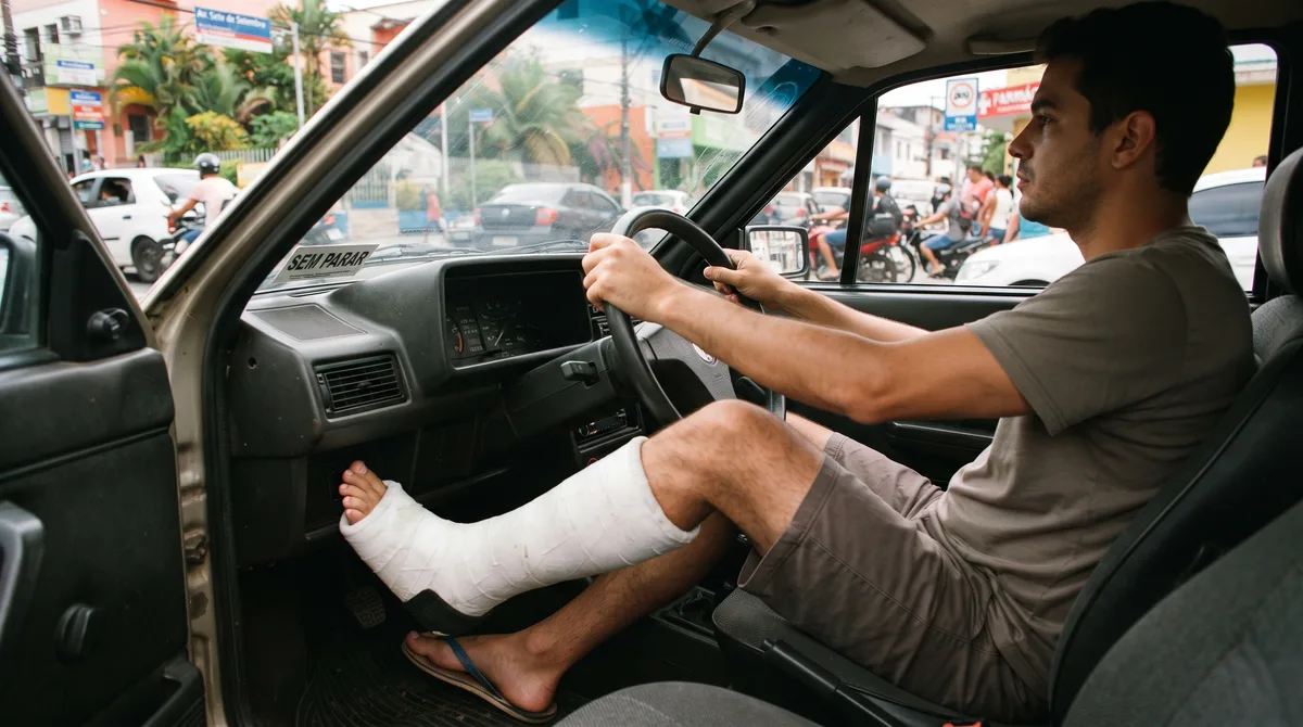 Homem engessa a perna esquerda após queda esportiva, decide ir ao trabalho dirigindo seu carro automático e é impedido de seguir viagem ao ser abordado em blitz