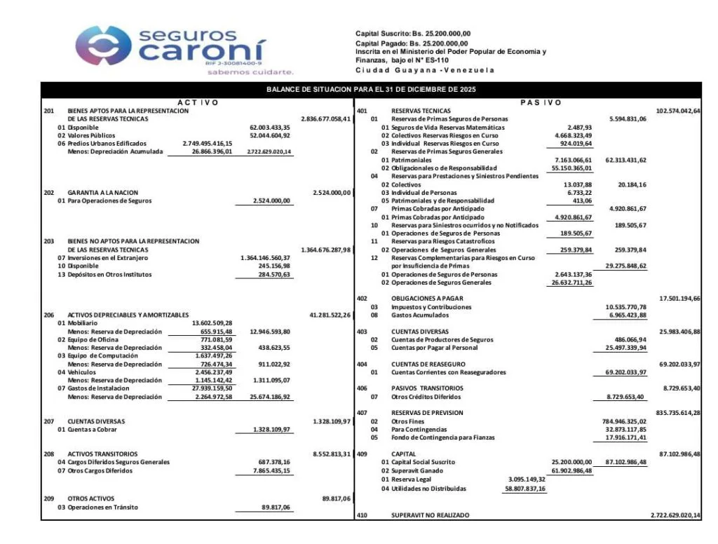 Estado financiero de Seguros Caroní