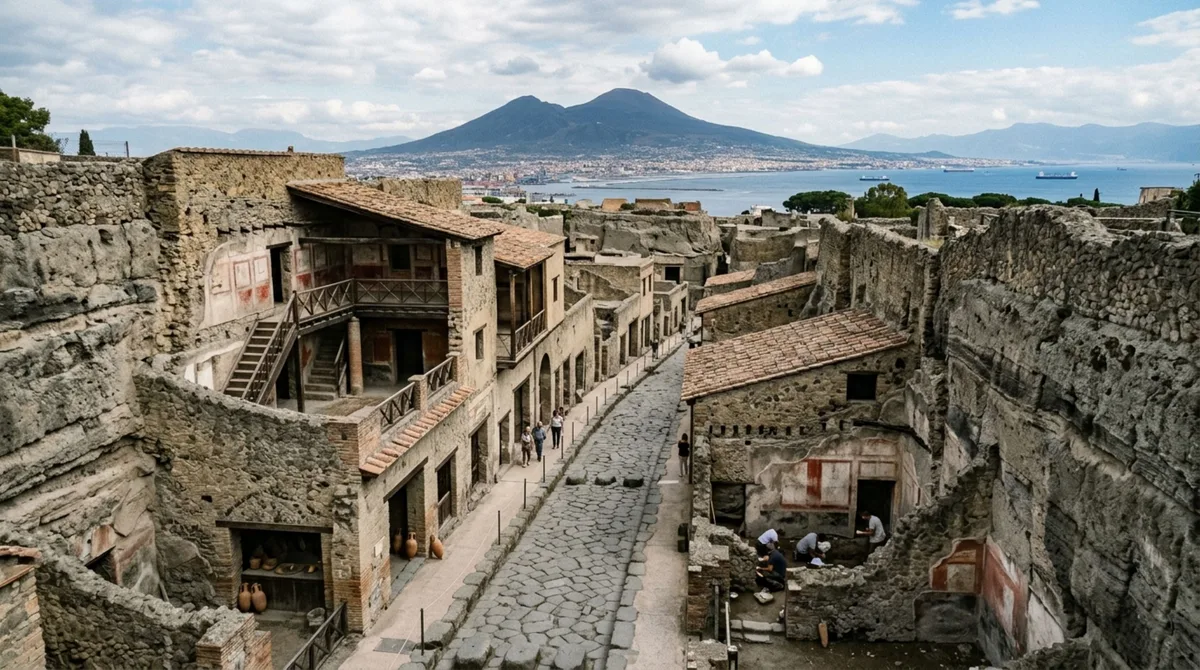A antiga cidade portuária que foi soterrada por cinzas vulcânicas e preservou casas, ruas e objetos do cotidiano
