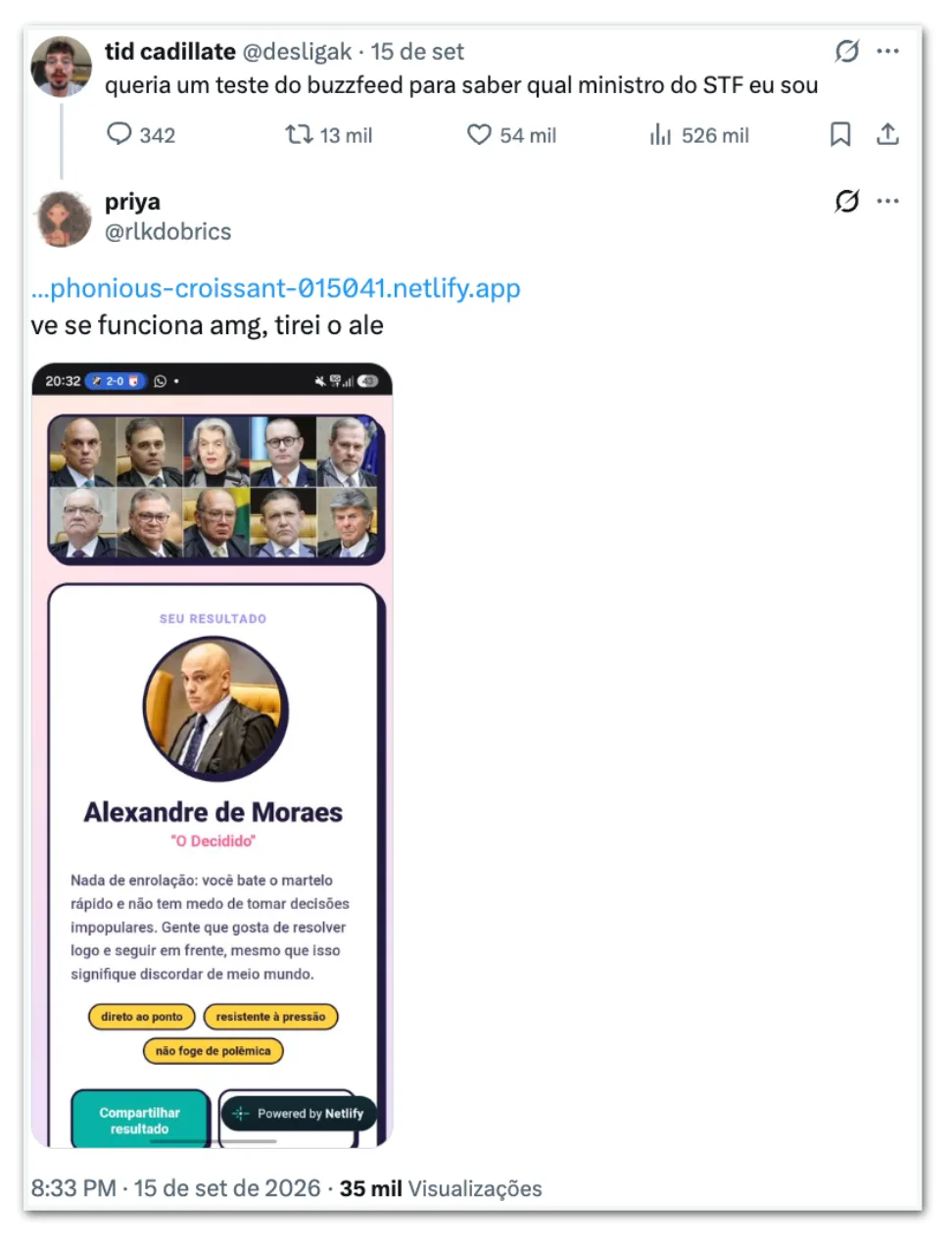 Internautas compartilham quiz “qual ministro do STF você é”