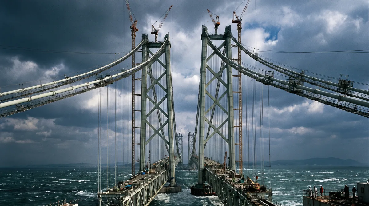 Um terremoto atingiu esta ponte japonesa quando as torres já estavam de pé, e os engenheiros precisaram decidir se desmontavam tudo ou faziam a própria obra acompanhar o chão que havia se movido