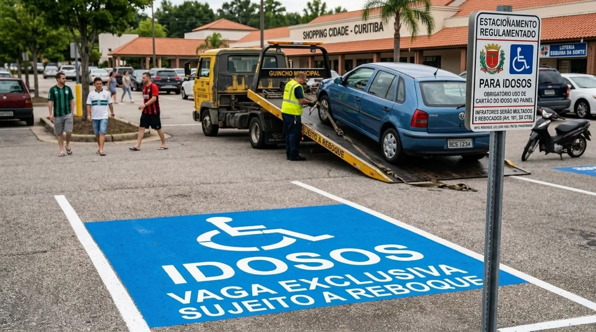 Motorista para por poucos minutos em vaga de idoso sem credencial para buscar remédio, fiscalização chega e carro é removido, além da multa gravíssima