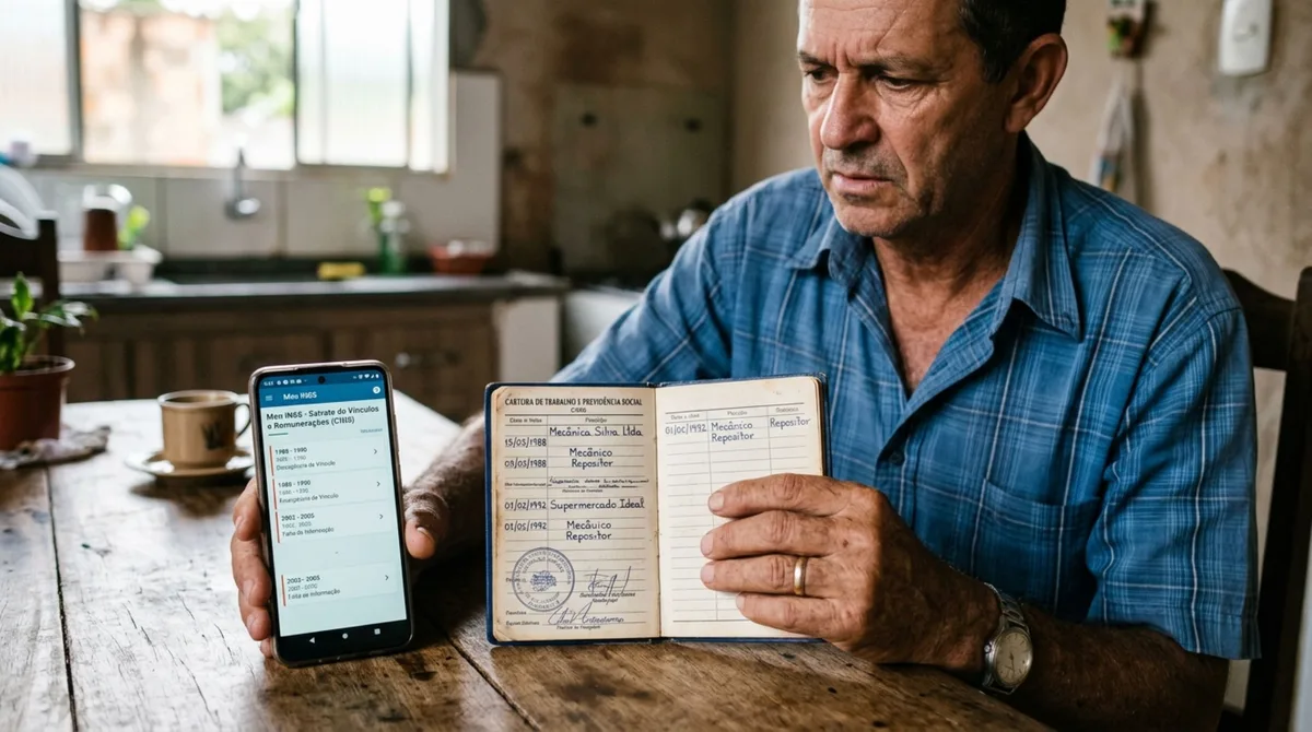 Homem trabalha registrado por mais de 30 anos, ao abrir o Meu INSS para pedir aposentadoria descobre que vários anos não aparecem no sistema e apresenta carteira de trabalho para comprovar período