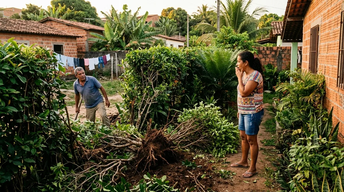 Mulher volta para casa e descobre que vizinho removeu parte de cerca viva usada há anos como divisão, ela exige replantio e questiona quem era dono das plantas