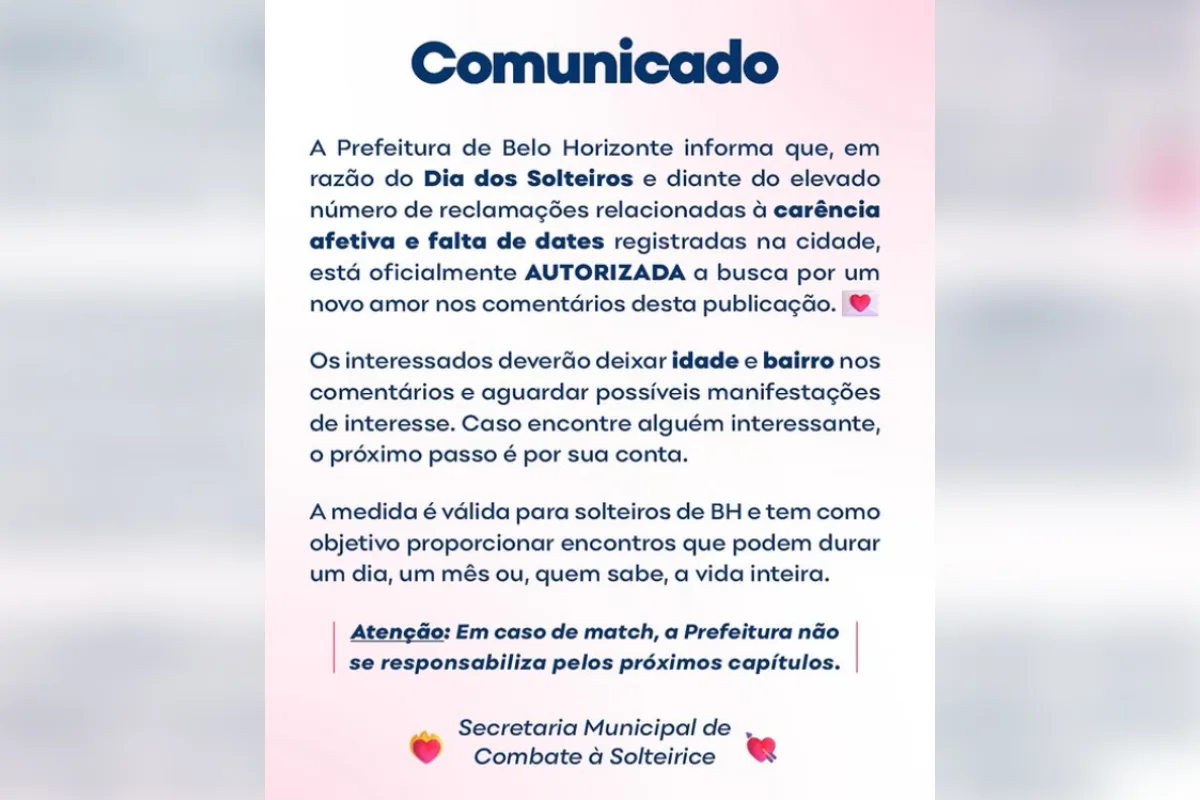 Prefeitura vira "cupido" de solteiros em BH: "Achar a tampa da panela"