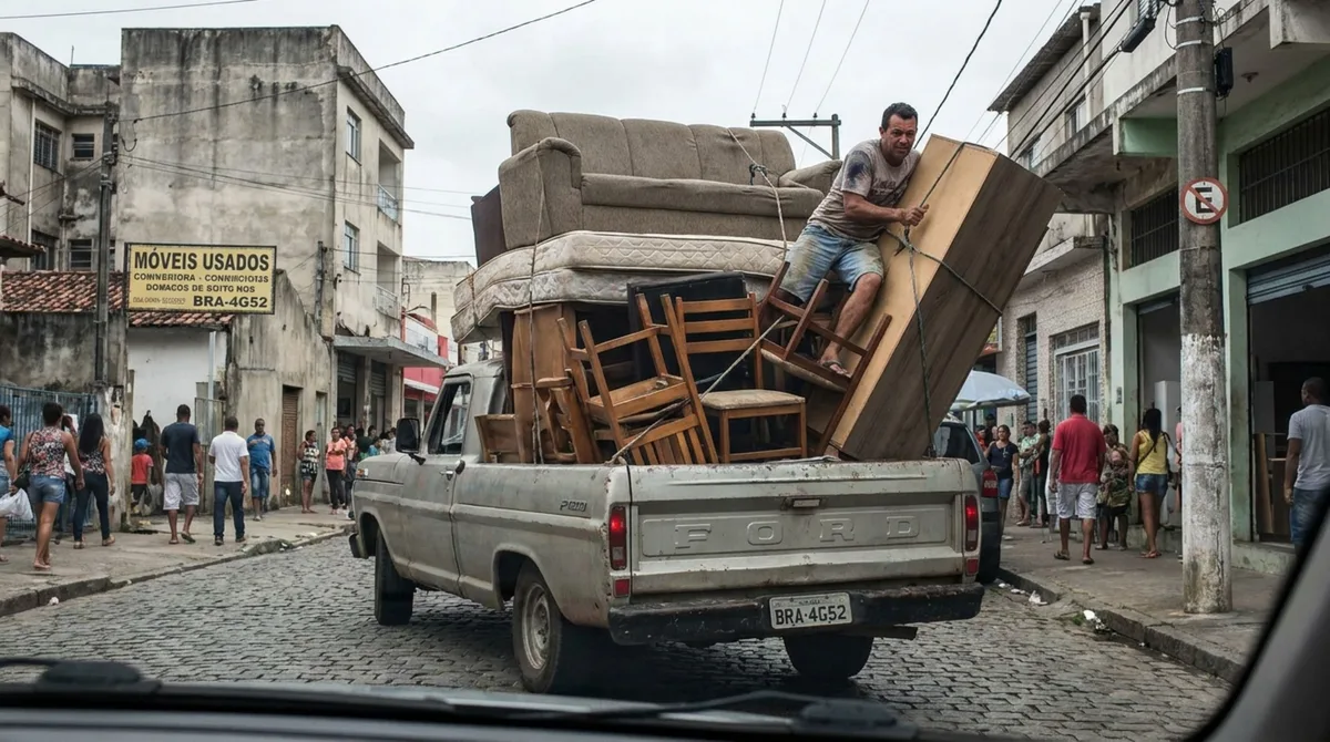 Motorista precisava levar móveis e um ajudante na mesma viagem, ao perceber que não havia lugar na cabine, decide colocar a pessoa na caçamba para segurar a carga e fiscalização explica o que o CTB prevê
