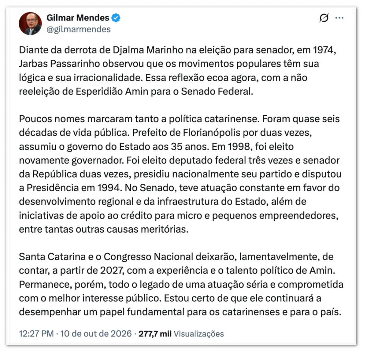 Gilmar lamenta que senador Esperidião Amin não tenha sido eleito