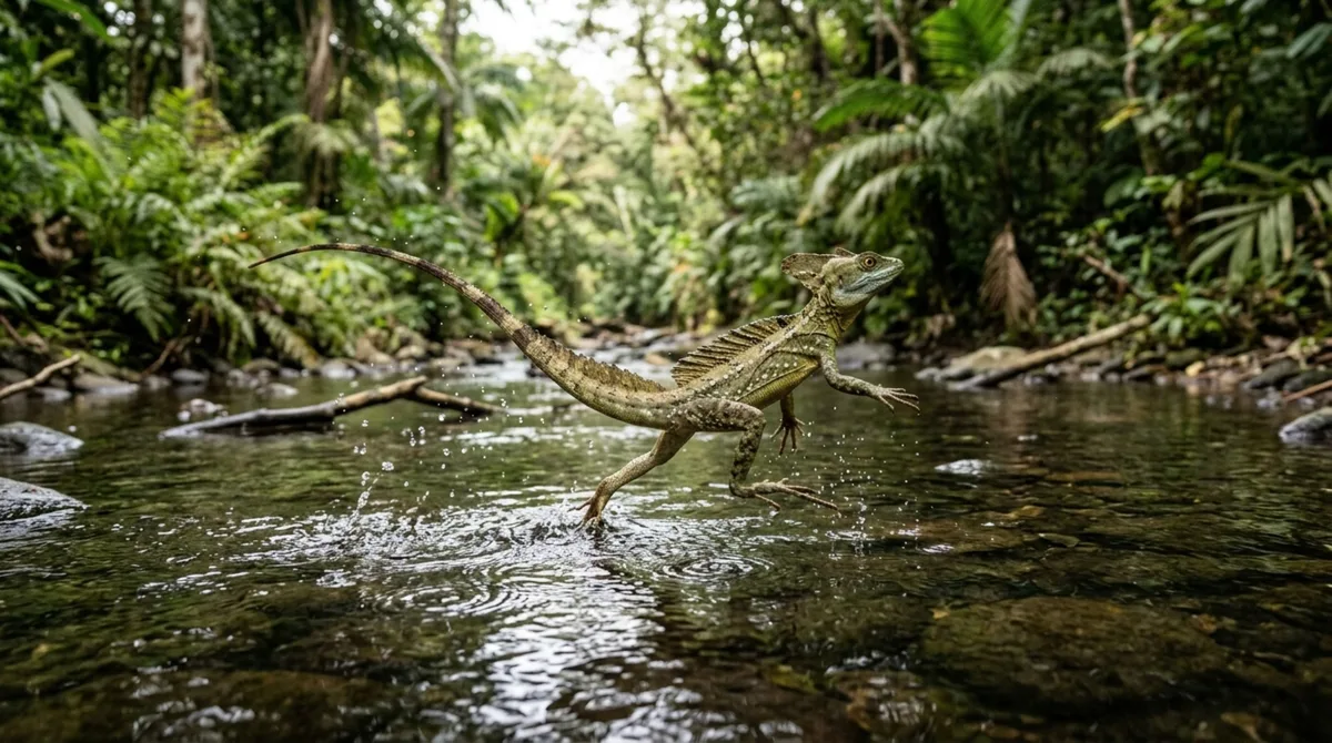 Ao fugir de predadores, um lagarto tropical consegue percorrer vários metros sobre a superfície da água antes que o próprio peso o faça afundar