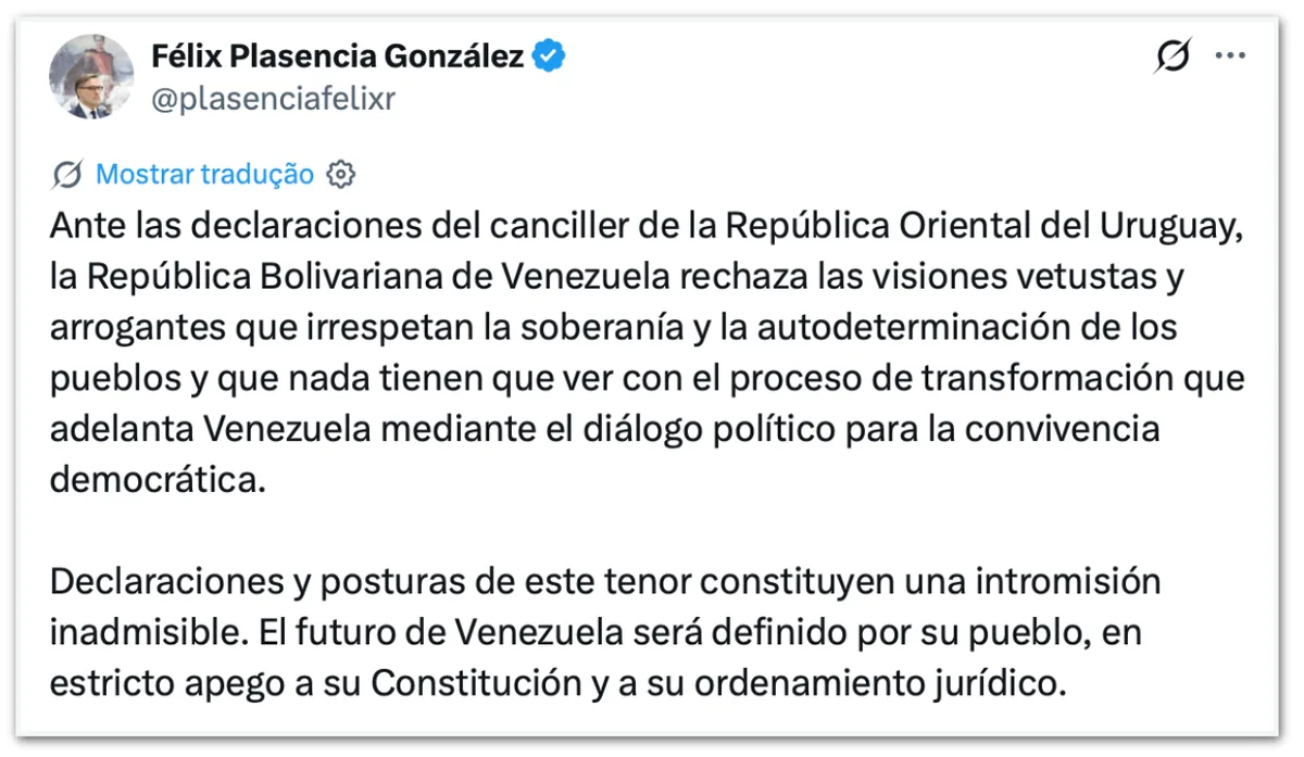 Venezuela acusa chanceler do Uruguai de “ingerência inadmissível”