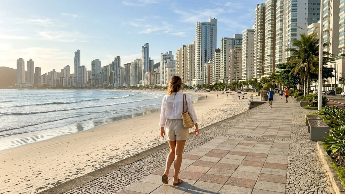 Ao caminhar pela orla, o visitante vê prédios altos de um lado e uma sequência de praias do outro, enquanto morros cobertos de vegetação parecem limitar até onde a cidade ainda pode crescer