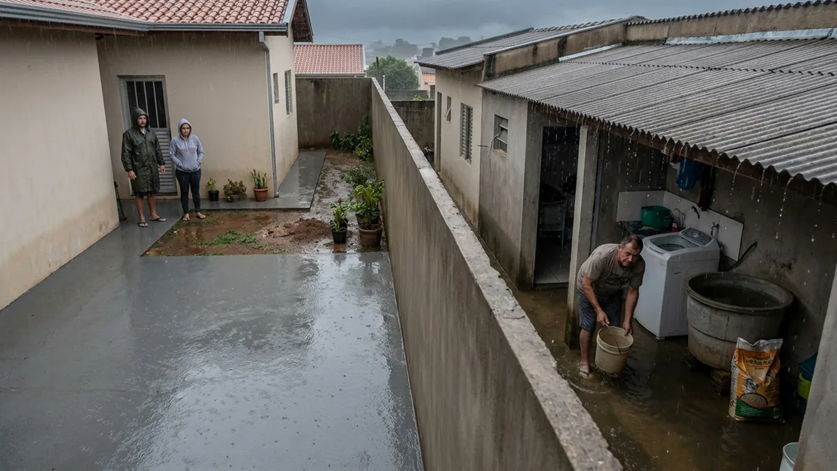 Casal concretiza o quintal para acabar com lama e, depois da primeira chuva forte, vizinho descobre que a água passou a invadir sua área de serviço