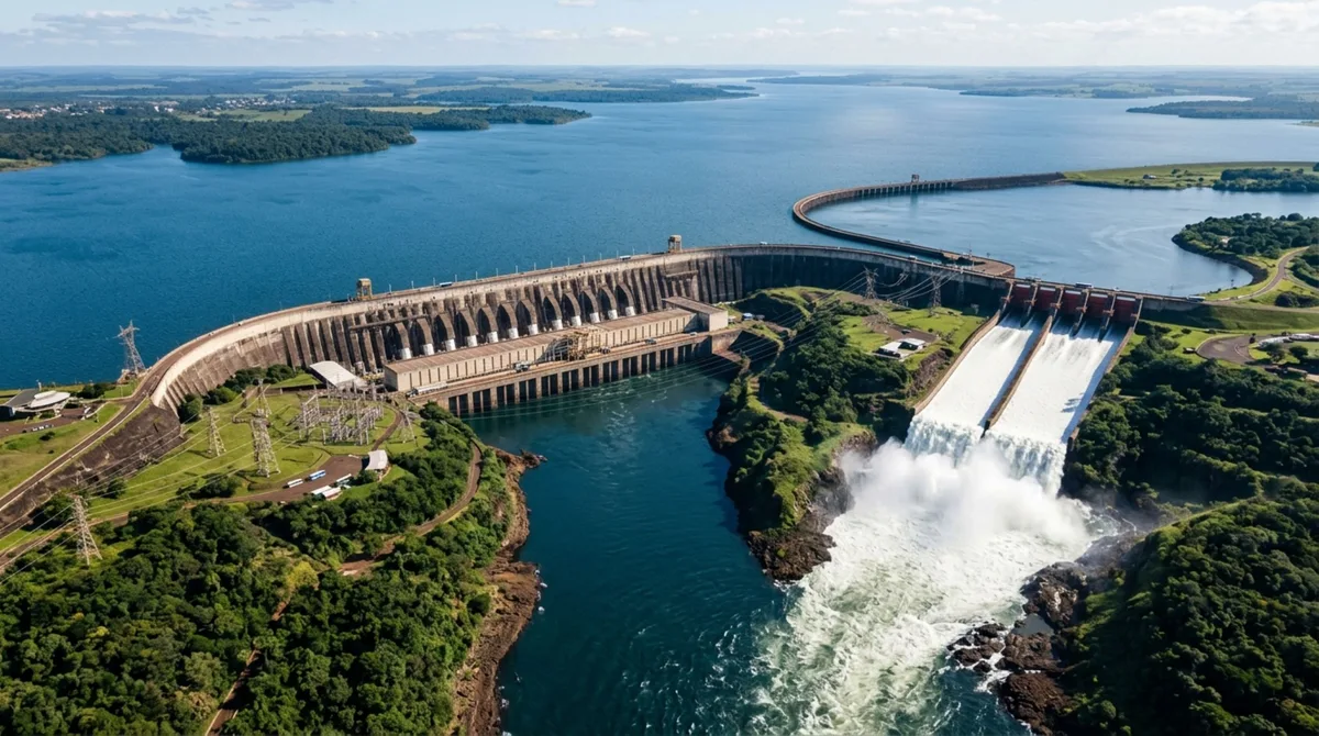 Construída para produzir energia a partir de um rio que pode transportar volumes gigantescos de água, esta barragem exigiu milhões de metros cúbicos de concreto e abriga turbinas capazes de gerar potência equivalente à de várias grandes usinas trabalhando juntas
