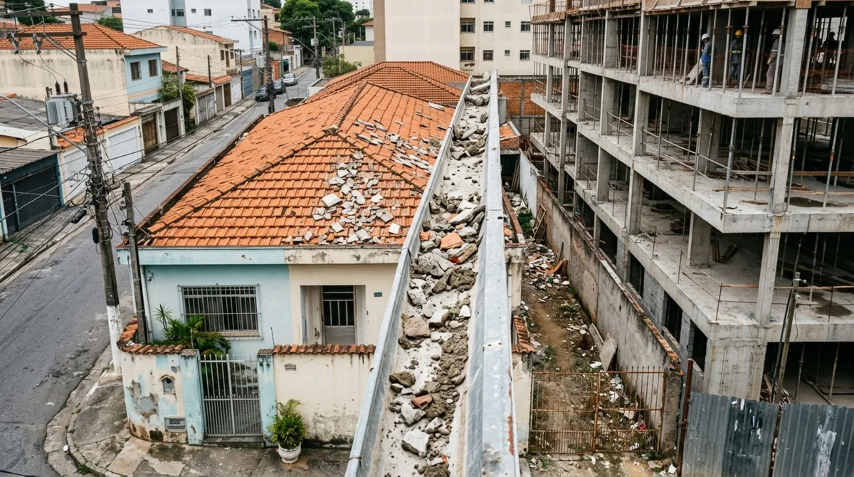 Moradora reclama que construção de prédio ao lado está deixando cair detritos em sua casa e não estão utilizando redes de segurança para evitar isso e caso vai parar na justiça após danos causados na propriedade