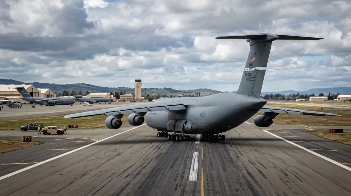 O avião cargueiro militar com 28 rodas no trem de pouso que distribui seu peso até sobre pistas de terra