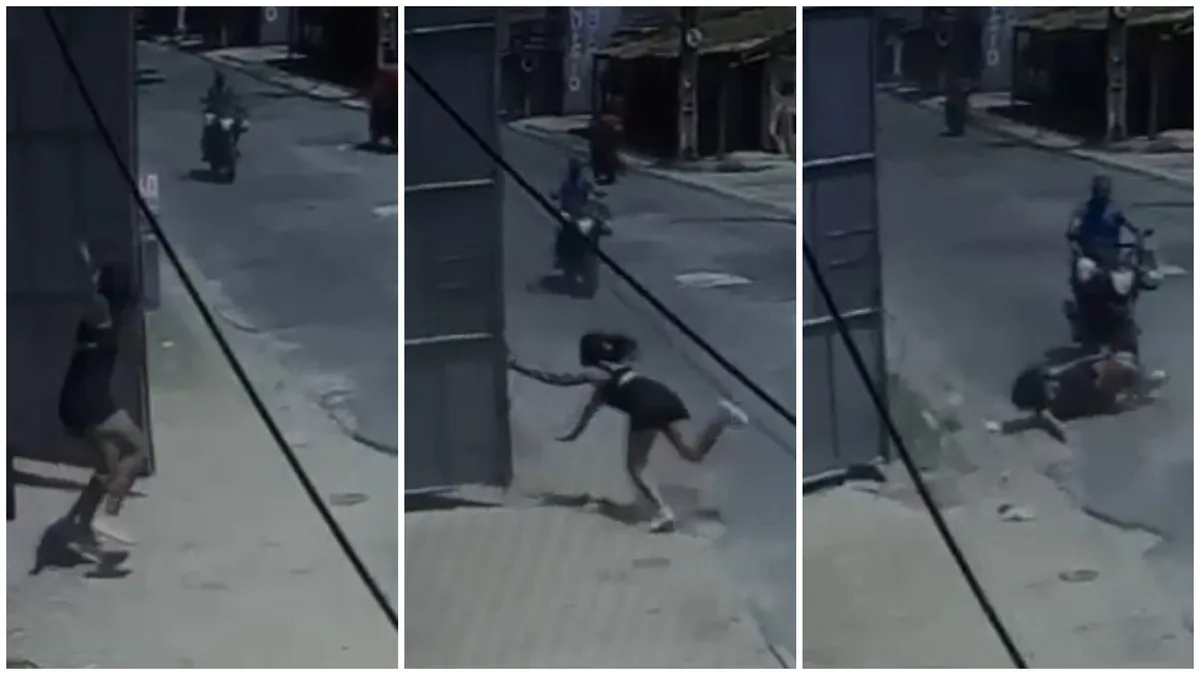 Vídeo: jovem é derrubada por rajada de vento ao abrir portão, cai na rua e é atingida por moto