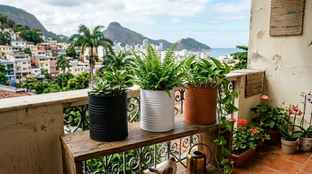 Como eu transformei latas de leite em pó em cachepôs modernos para decorar a varanda com uma aparência de loja de design