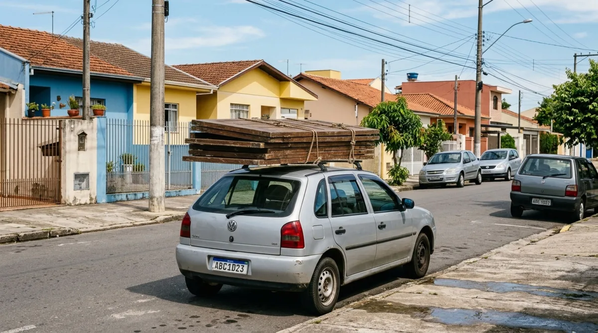 Motorista precisava levar uma porta de madeira para uma reforma, ao colocá-la atravessada no teto, percebe que ela ultrapassa as laterais do carro, decide continuar o trajeto e fiscalização explica por que a largura da carga importa