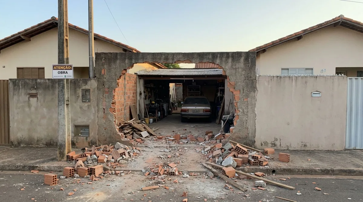 Casal passa fim de semana fora, ao voltar, descobre que vizinho derrubou parte do muro compartilhado para ampliar garagem sem comunicar e exige que estrutura seja reconstruída