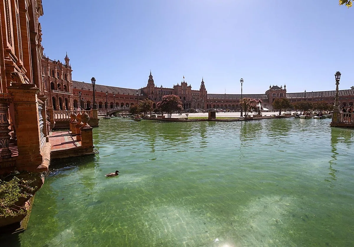 La ría de la Plaza de España recupera su color habitual tras un tratamiento antialgas