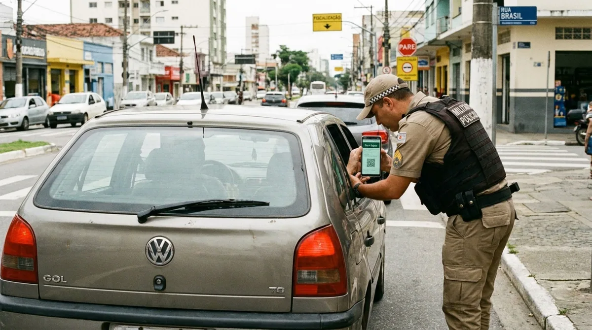 Motorista é parado em blitz, apresenta o CRLV digital do carro da esposa e é questionado pelo agente; condutor alega que o proprietário não precisa estar presente