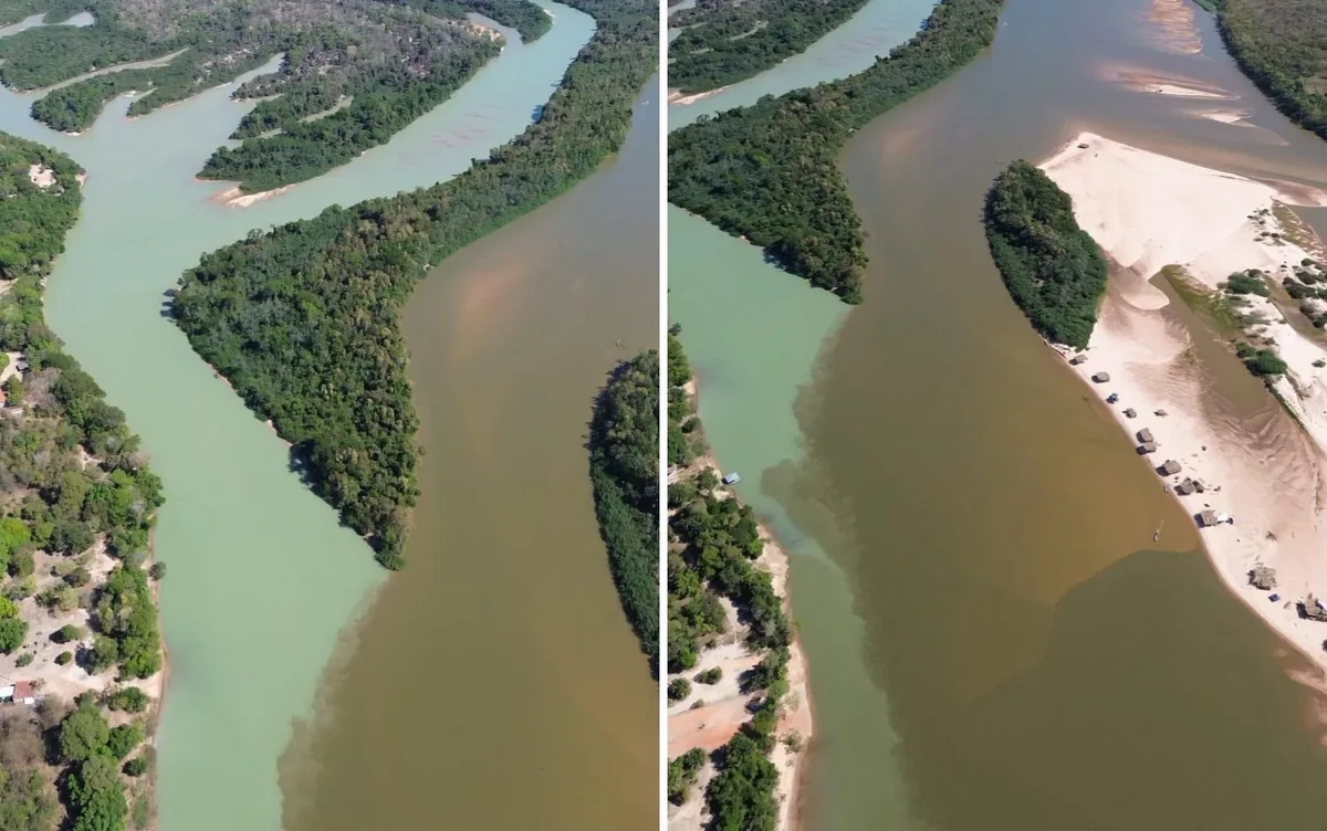 Encontro de águas no Rio Araguaia impressiona em Goiás; vídeo