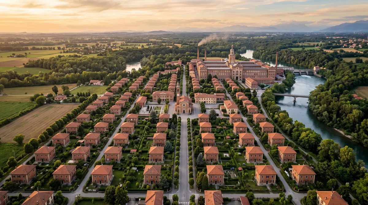 Uma cidade foi desenhada para trabalhadores antes do urbanismo moderno: fábrica italiana criou casas, escola e igreja ao redor das máquinas